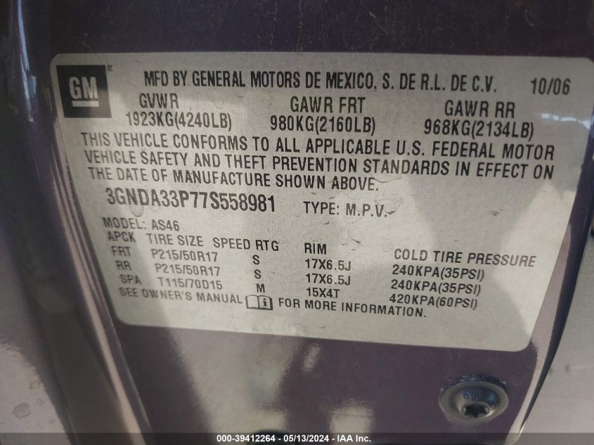 2007 Chevrolet Hhr Lt VIN: 3GNDA33P77S558981 Lot: 39412264