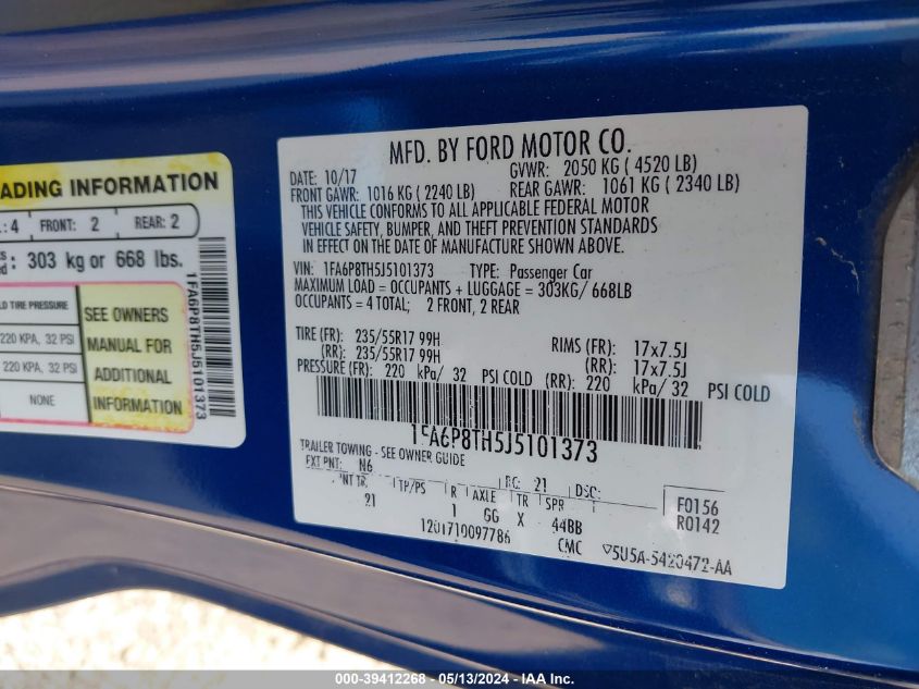 2018 Ford Mustang VIN: 1FA6P8TH5J5101373 Lot: 39412268