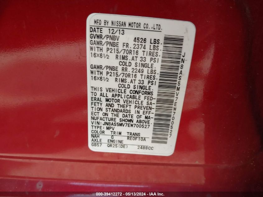 2014 Nissan Rogue Select S VIN: JN8AS5MV7EW700527 Lot: 39412272