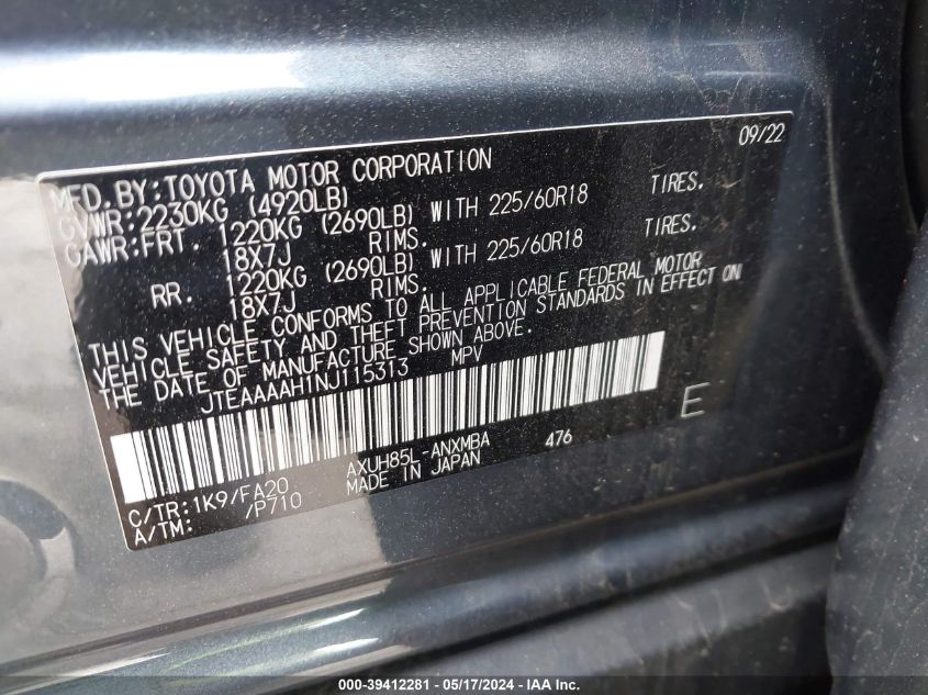 2022 Toyota Venza Le VIN: JTEAAAAH1NJ115313 Lot: 39412281