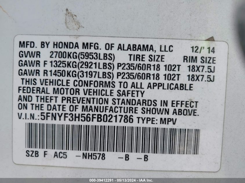 2015 Honda Pilot Ex-L VIN: 5FNYF3H56FB021786 Lot: 39412291