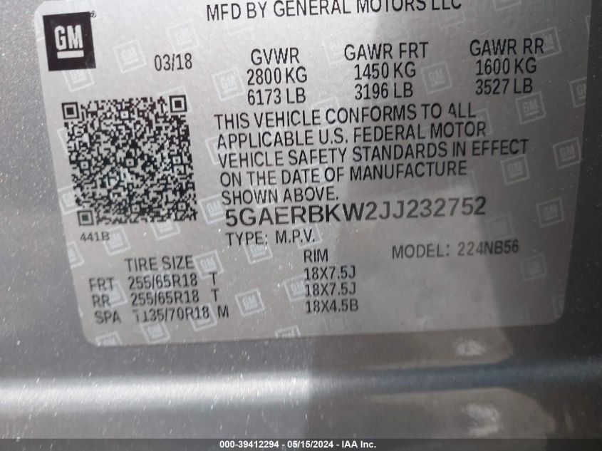 2018 Buick Enclave Essence VIN: 5GAERBKW2JJ232752 Lot: 39412294