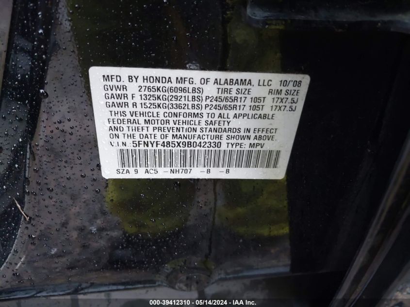 2009 Honda Pilot Ex-L VIN: 5FNYF485X9B042330 Lot: 39412310