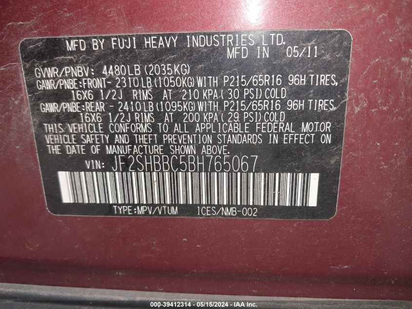 2011 Subaru Forester 2.5X VIN: JF2SHBBC5BH765067 Lot: 39412314