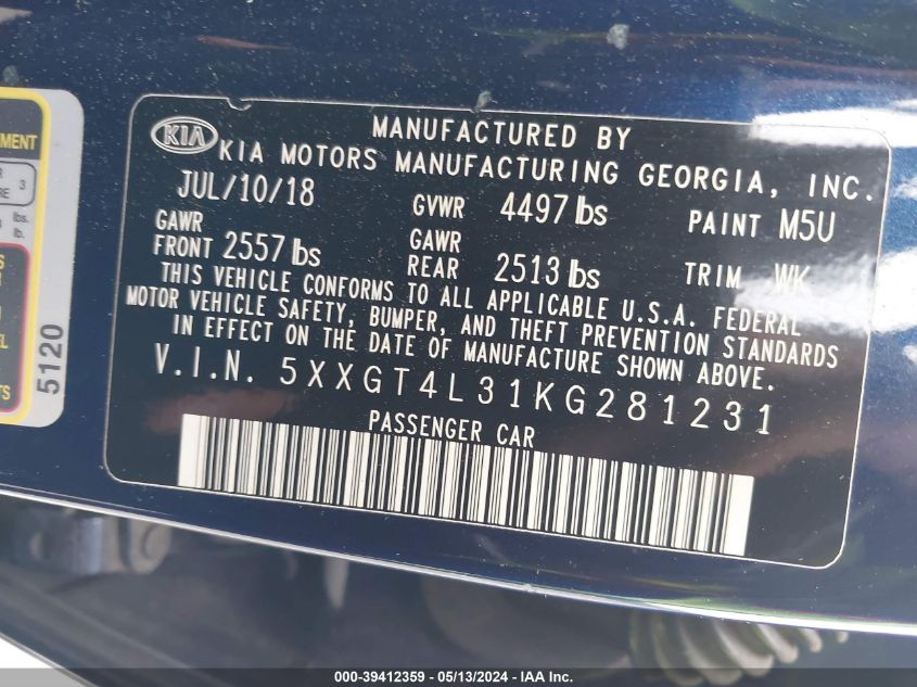 2019 Kia Optima Lx VIN: 5XXGT4L31KG281231 Lot: 39412359