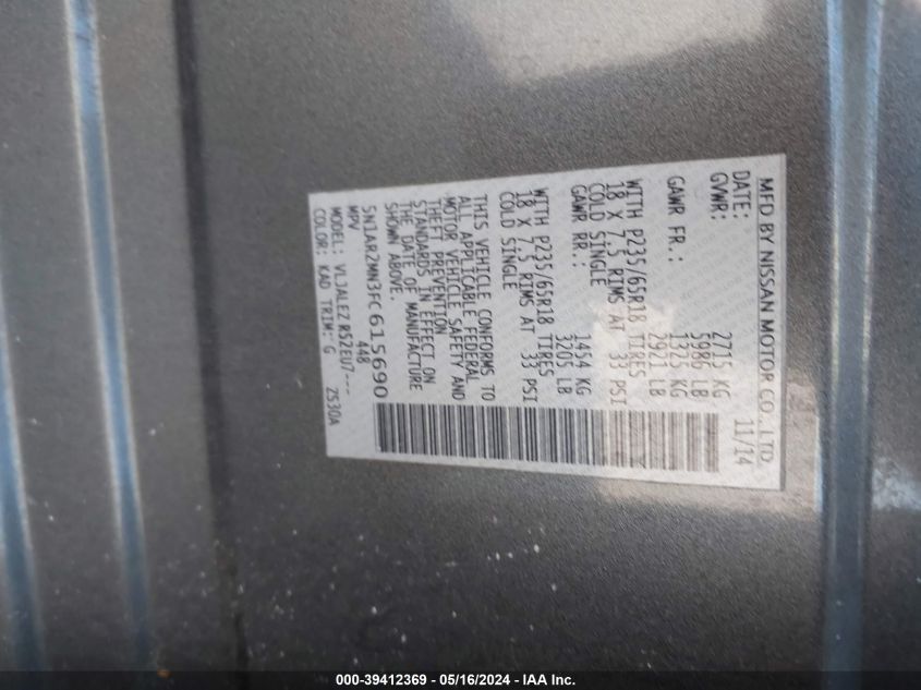 2015 Nissan Pathfinder Sv VIN: 5N1AR2MN3FC615690 Lot: 39412369