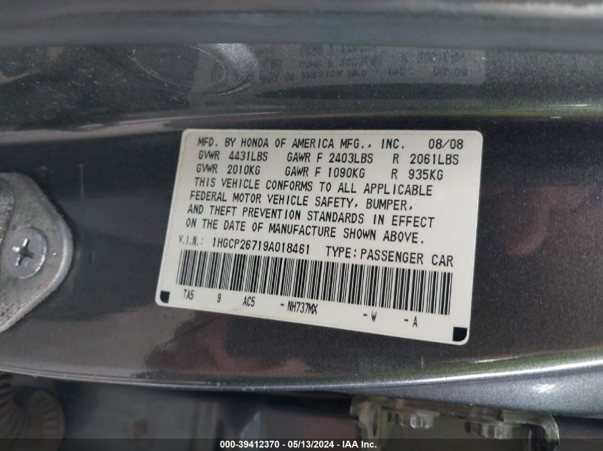 2009 Honda Accord 2.4 Ex VIN: 1HGCP26719A018461 Lot: 39412370