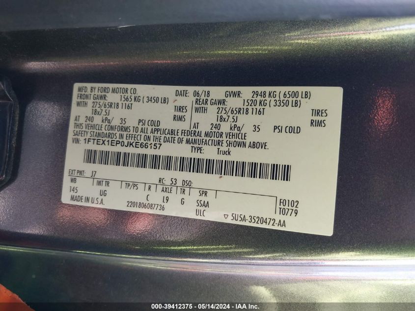 2018 Ford F-150 Xlt VIN: 1FTEX1EP0JKE66157 Lot: 39412375