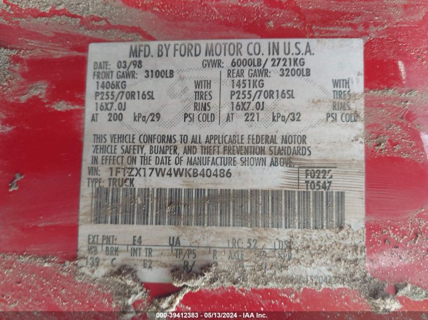 1998 Ford F-150 Lariat/Standard/Xl/Xlt VIN: 1FTZX17W4WKB40486 Lot: 39412383