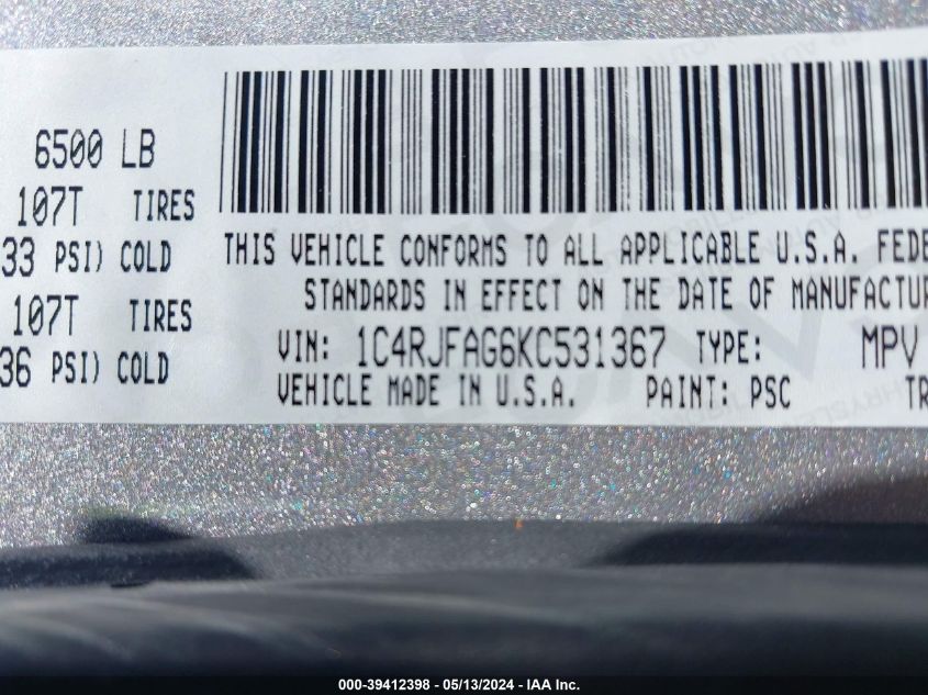 2019 Jeep Grand Cherokee Altitude 4X4 VIN: 1C4RJFAG6KC531367 Lot: 39412398