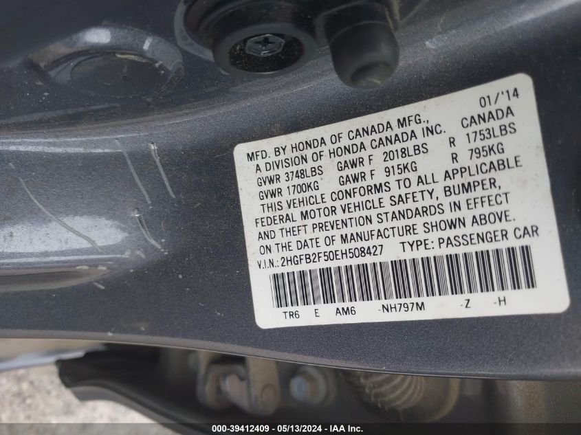 2014 Honda Civic Lx VIN: 2HGFB2F50EH508427 Lot: 39412409