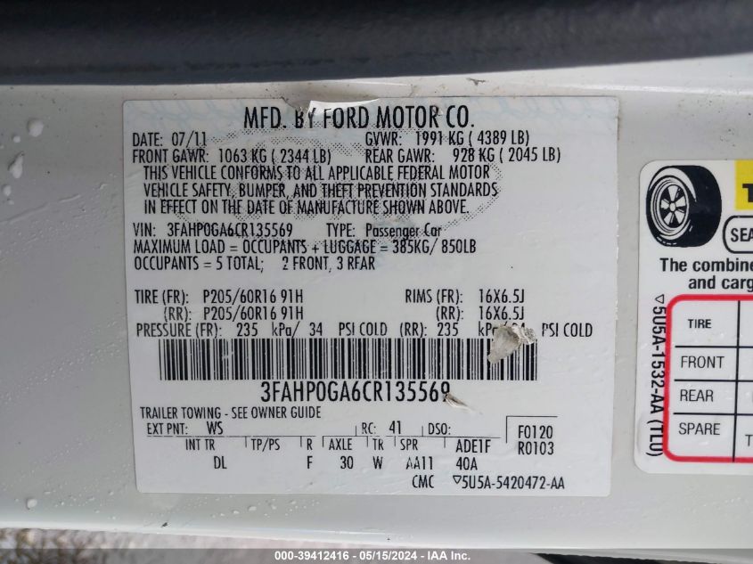 2012 Ford Fusion S VIN: 3FAHP0GA6CR135569 Lot: 39412416