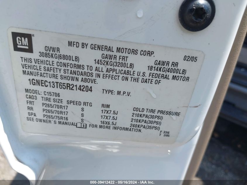 2005 Chevrolet Tahoe Z71 VIN: 1GNEC13T65R214204 Lot: 39412422