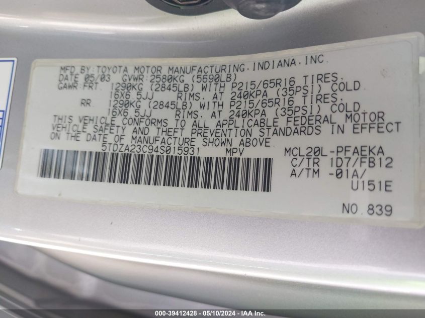 2004 Toyota Sienna Le VIN: 5TDZA23C94S015931 Lot: 39412428