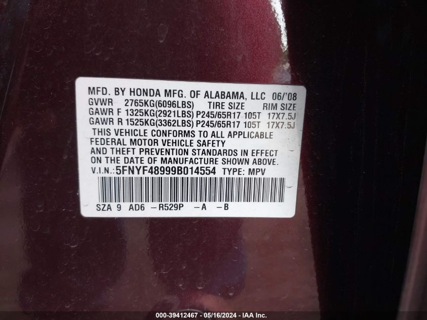 2009 Honda Pilot Touring VIN: 5FNYF48999B014554 Lot: 39412467