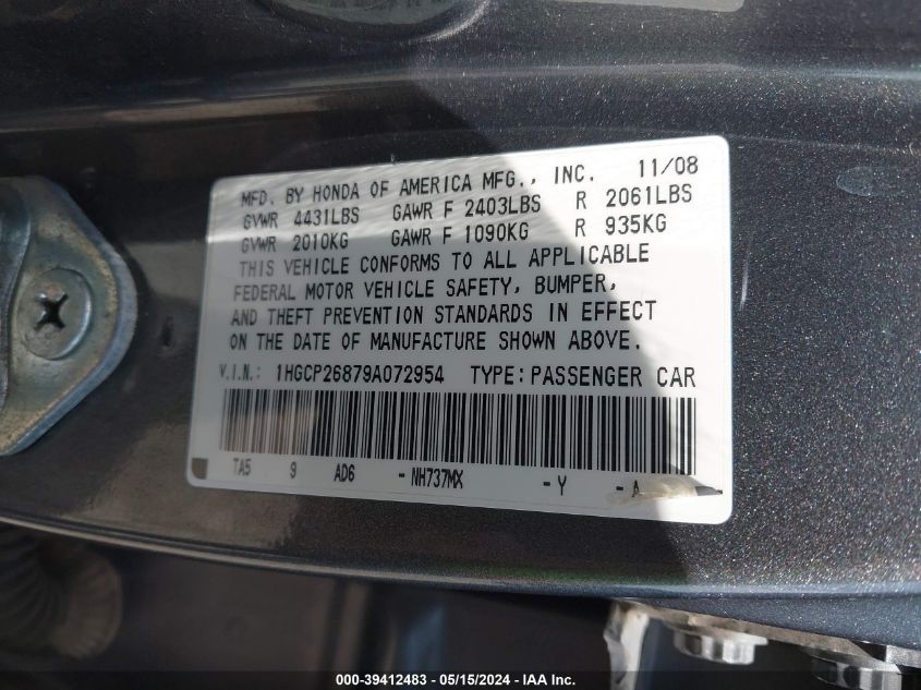 2009 Honda Accord 2.4 Ex-L VIN: 1HGCP26879A072954 Lot: 39412483