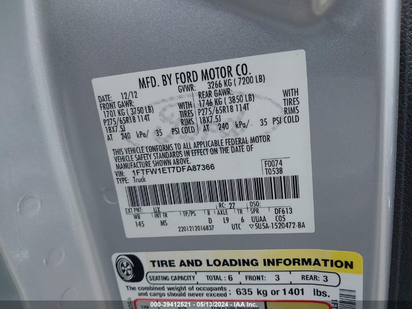 2013 Ford F-150 Xlt VIN: 1FTFW1ET7DFA87366 Lot: 39412521