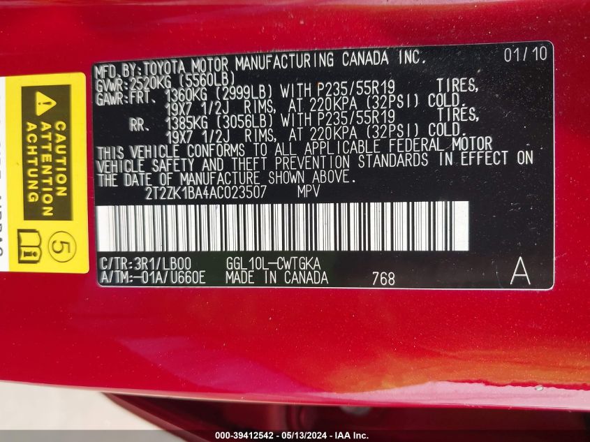 2010 Lexus Rx 350 VIN: 2T2ZK1BA4AC023507 Lot: 39412542