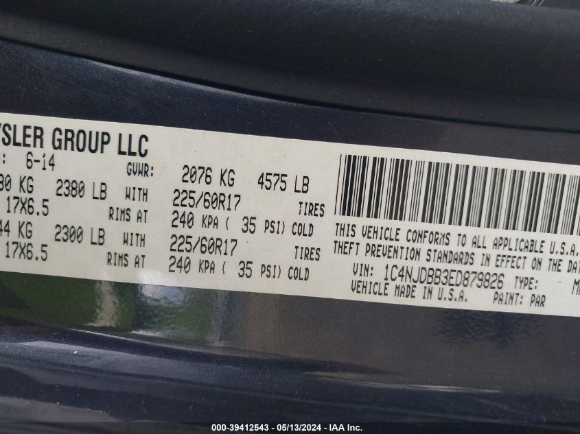 2014 Jeep Compass Sport VIN: 1C4NJDBB3ED879826 Lot: 39412543