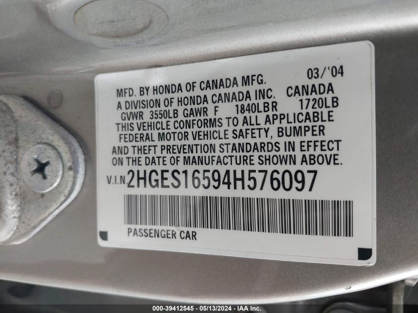 2004 Honda Civic Lx VIN: 2HGES16594H576097 Lot: 39412545