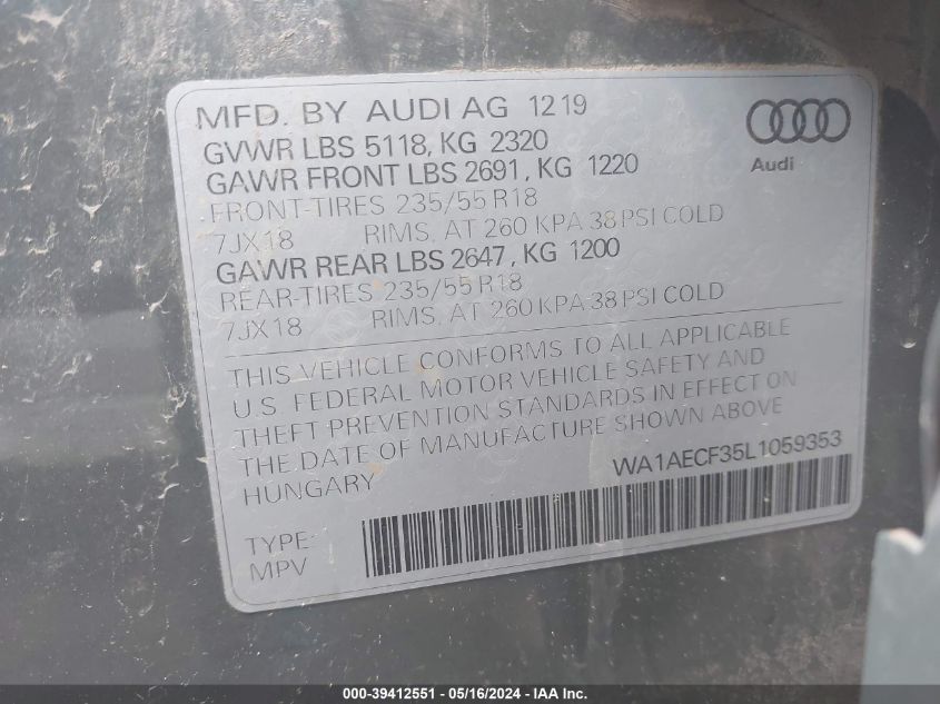 2020 Audi Q3 Premium 45 Tfsi Quattro Tiptronic VIN: WA1AECF35L1059353 Lot: 39412551