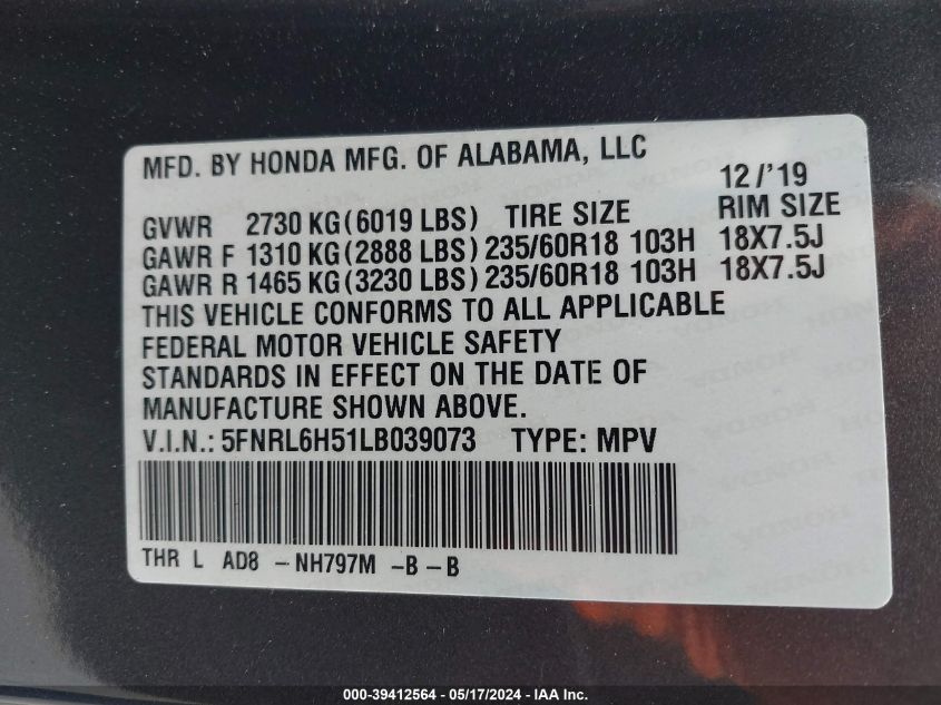 2020 Honda Odyssey Ex VIN: 5FNRL6H51LB039073 Lot: 39412564