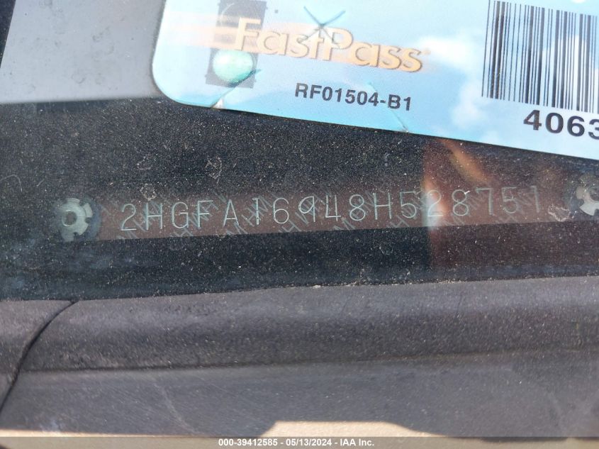 2008 Honda Civic Ex-L VIN: 2HGFA16948H528751 Lot: 39412585