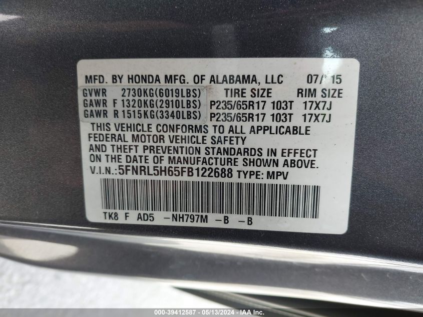 2015 Honda Odyssey Ex-L VIN: 5FNRL5H65FB122688 Lot: 39412587