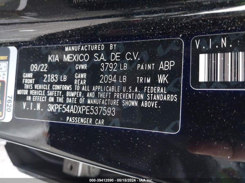 2023 Kia Forte Gt-Line VIN: 3KPF54ADXPE537593 Lot: 39412590