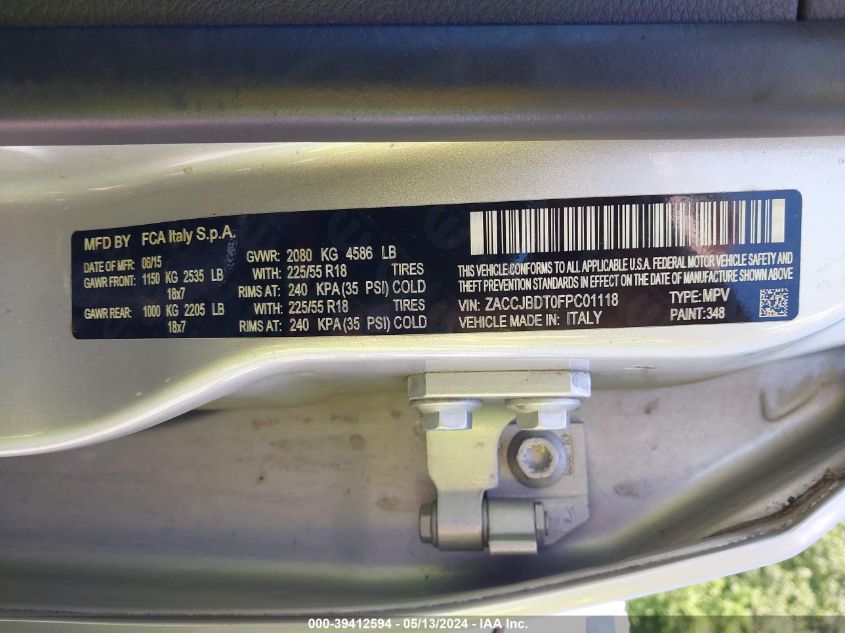 2015 Jeep Renegade Limited VIN: ZACCJBDT0FPC01118 Lot: 39412594