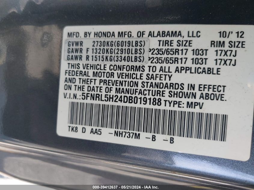 2013 Honda Odyssey Lx VIN: 5FNRL5H24DB019188 Lot: 39412637