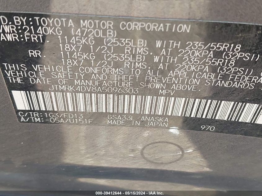 2010 Toyota Rav4 Sport V6 VIN: JTMRK4DV8A5096303 Lot: 39412644