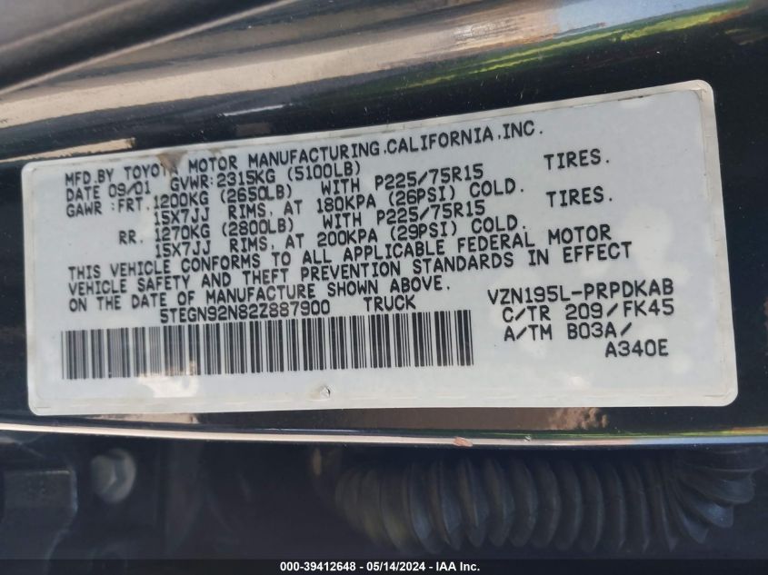 2002 Toyota Tacoma Prerunner V6 VIN: 5TEGN92N82Z887900 Lot: 39412648