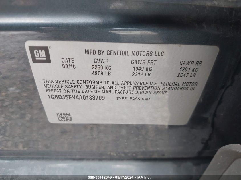 2010 Cadillac Cts Standard VIN: 1G6DJ5EV4A0138709 Lot: 39412649