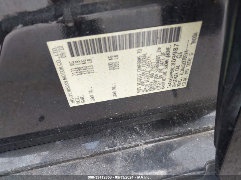 2011 Nissan Maxima 3.5 S VIN: 1N4AA5AP6BC809987 Lot: 39412658