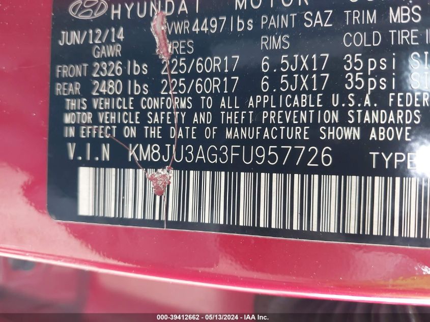 2015 Hyundai Tucson Se VIN: KM8JU3AG3FU957726 Lot: 39412662