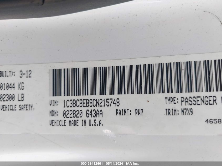 2012 Chrysler 200 Touring VIN: 1C3BCBEB9CN215748 Lot: 39412661