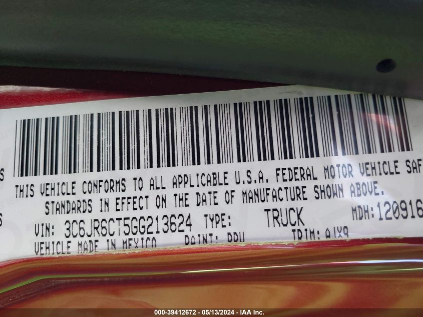2016 Ram 1500 Sport VIN: 3C6JR6CT5GG213624 Lot: 39412672