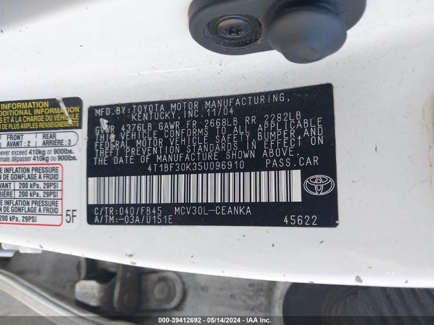 2005 Toyota Camry Le V6 VIN: 4T1BF30K35U096910 Lot: 39412692