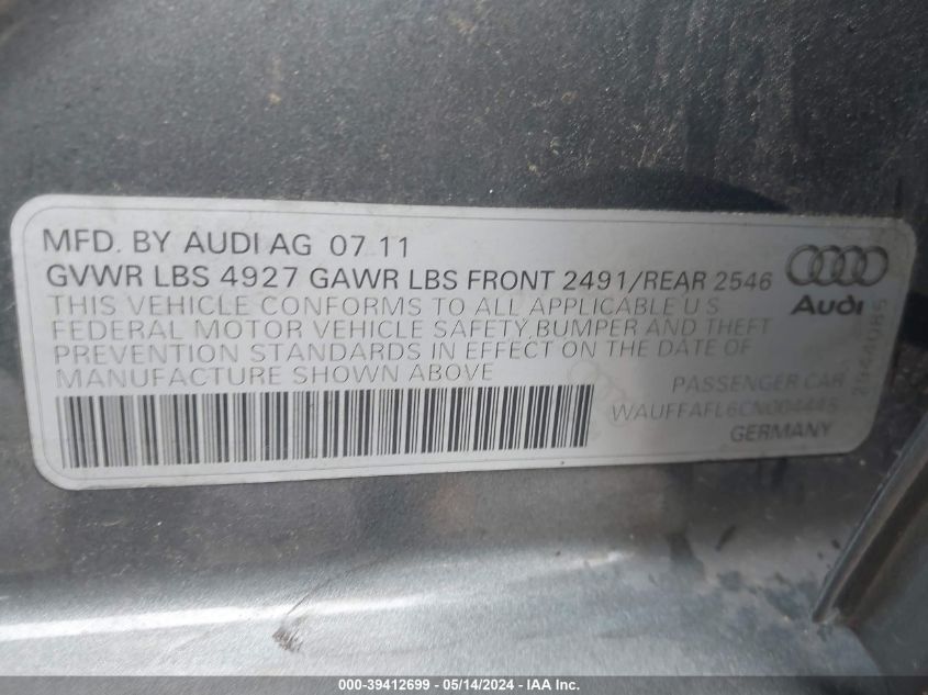 2012 Audi A4 2.0T Premium VIN: WAUFFAFL6CN004445 Lot: 39412699