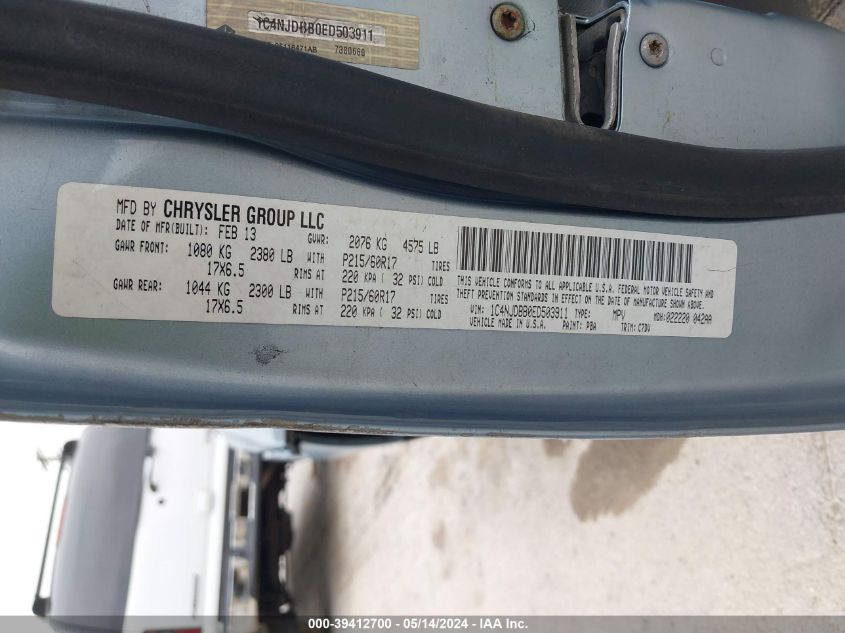 2014 Jeep Compass Sport VIN: 1C4NJDBB0ED503911 Lot: 39412700