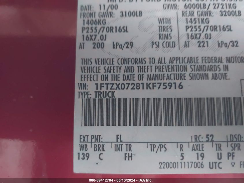 2001 Ford F-150 Xl/Xlt VIN: 1FTZX07281KF75916 Lot: 39412704