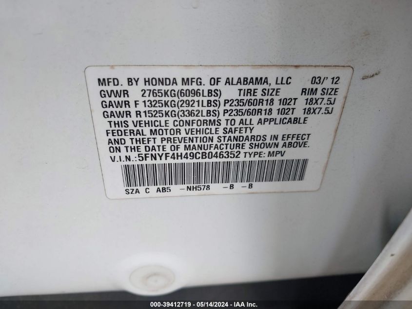 2012 Honda Pilot Ex VIN: 5FNYF4H49CB046352 Lot: 39412719