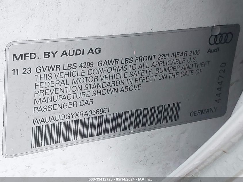 2024 Audi A3 Premium VIN: WAUAUDGYXRA058861 Lot: 39412728