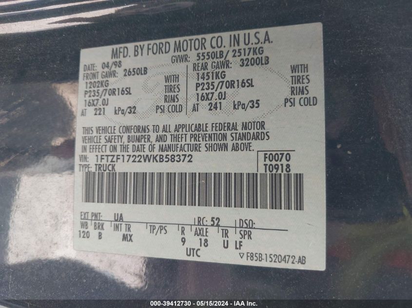 1998 Ford F-150 Standard/Xl/Xlt VIN: 1FTZF1722WKB58372 Lot: 39412730