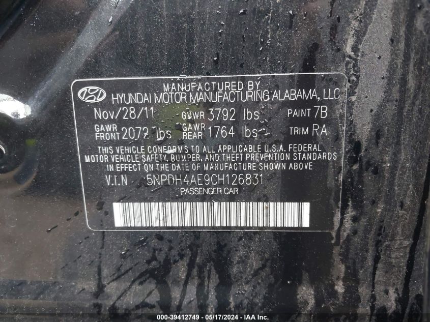 2012 Hyundai Elantra Gls VIN: 5NPDH4AE9CH126831 Lot: 39412749