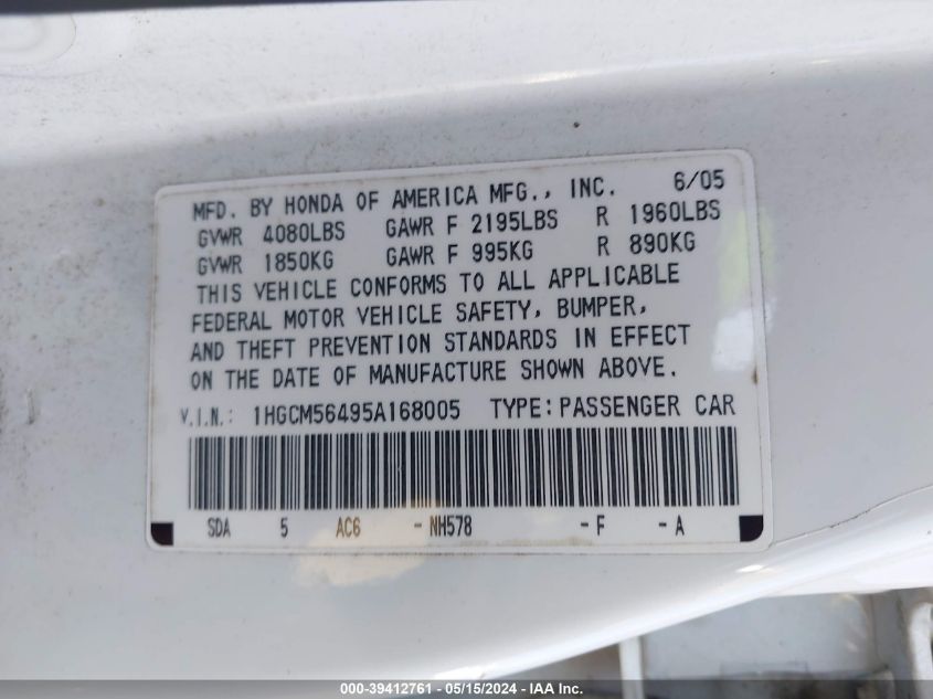 2005 Honda Accord 2.4 Lx VIN: 1HGCM56495A168005 Lot: 39412761