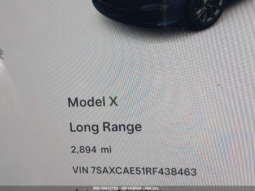 2024 Tesla Model X Long Range VIN: 7SAXCAE51RF438463 Lot: 39412782