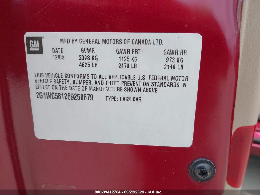 2006 Chevrolet Impala Lt VIN: 2G1WC581269250679 Lot: 39412784