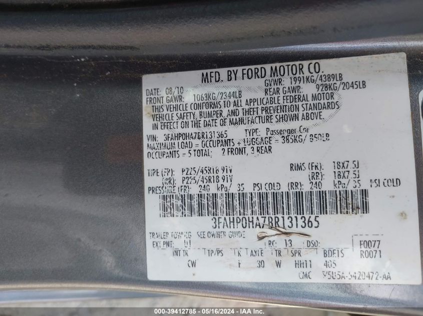 2011 Ford Fusion Se VIN: 3FAHP0HA7BR131365 Lot: 39412785